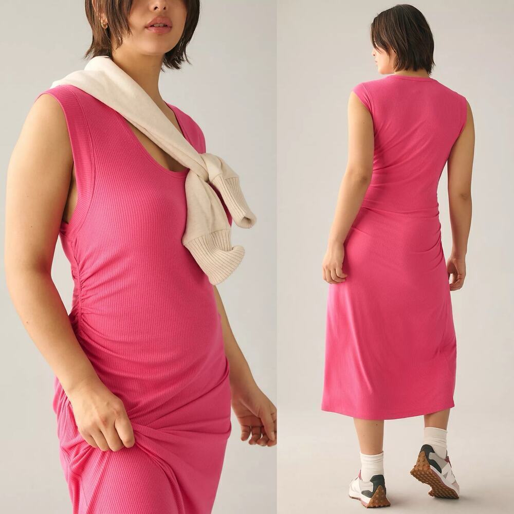 Daily Practice Anthropologie Ruched Scoop-Neck Lounge Midi Dress Pink Size Large